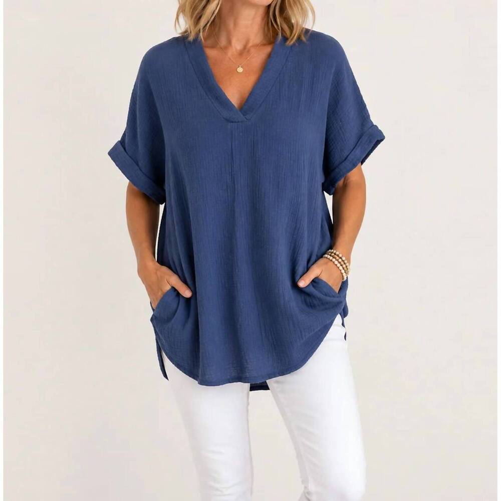 NEW APRICOT cotton gauze pocket tunic top in navy